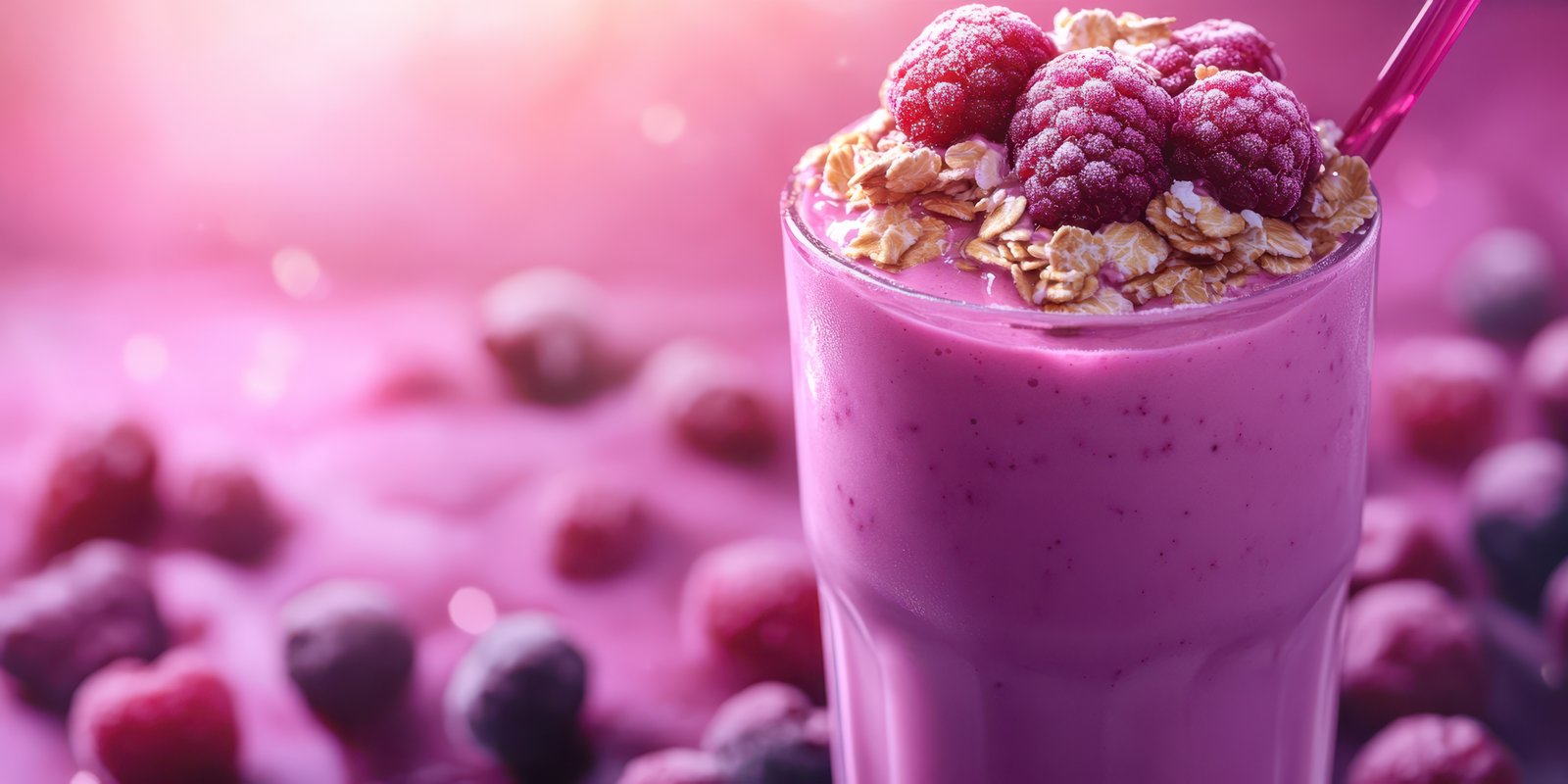 Delicious raspberry smoothie topped with crunchy granola served in a tall glass with vibrant colors and fresh raspberries